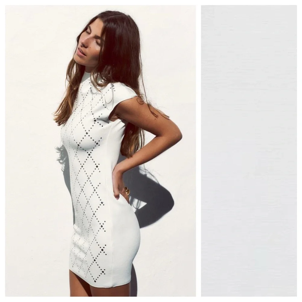 Zara White Bodycon Mini Dress with Black Pattern - Picture 2 of 11